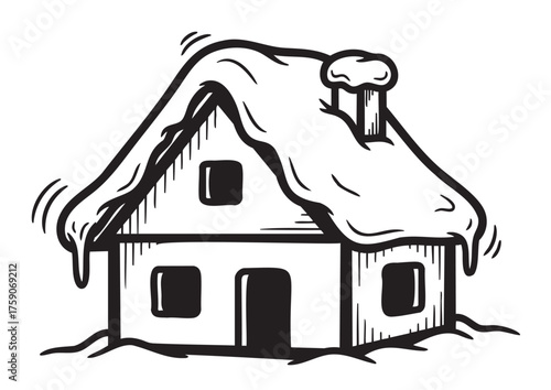 Black and white hand-drawn illustration of a cozy house with a thatched roof and a chimney, covered in layers of snow.