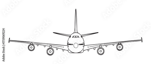 Front view of a large passenger airplane with four engines and a distinctive tail fin, illustrated in a clean black outline style.