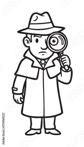 Black and white line drawing of a detective character holding a magnifying glass, wearing a trench coat and fedora hat.