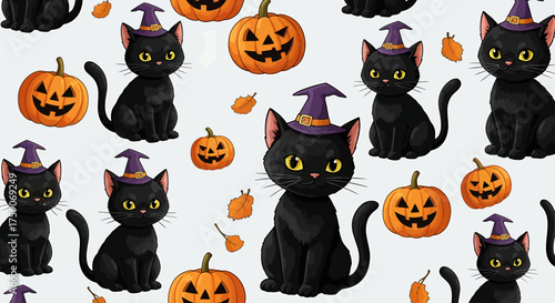 Festive Illustrated Halloween Wallpaper with Whimsical Black Cats and Bright Orange Pumpkins