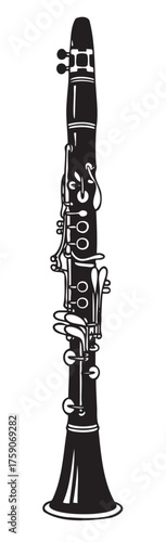 Black and white silhouette of a clarinet featuring detailed keys and a flared bell end, highlighting its intricate design.