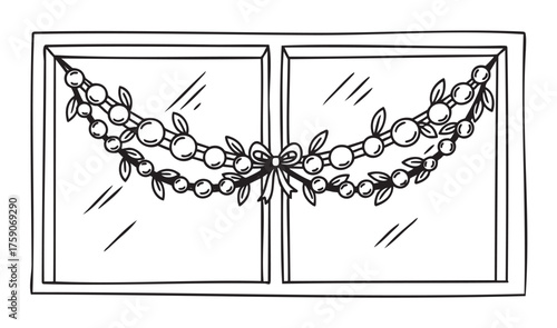 Black outline drawing of a double-pane window decorated with a swag of berries and leaves tied with a bow.