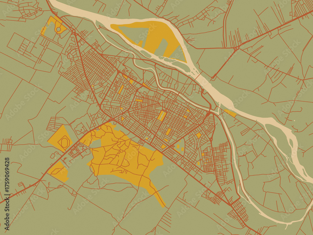 Obraz premium Flat painterly map of Deir ez-Zor, Syrian Arab Republic in earthy sage background with rust roadways and ochre details.
