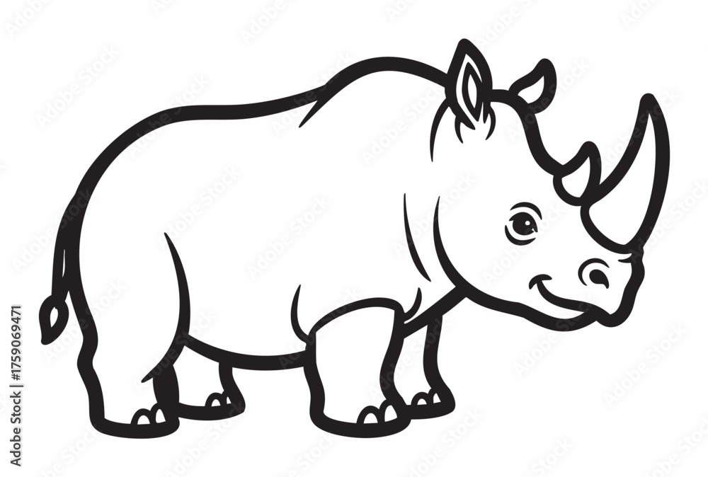 Obraz premium Black outline drawing of a rhinoceros in a simple cartoon style, showcasing its prominent horn and sturdy legs.