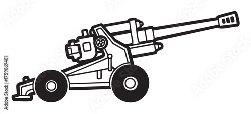 Black outline vector illustration of a simple artillery cannon with large wheels and a long barrel, depicted in a minimal linear style.
