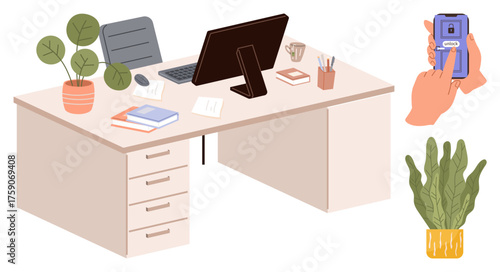 Wooden desk with monitor, chair, books, plants, and accessories, paired with hands interacting with a smartphone. Ideal for workplace organization, remote work, minimalism multitasking office