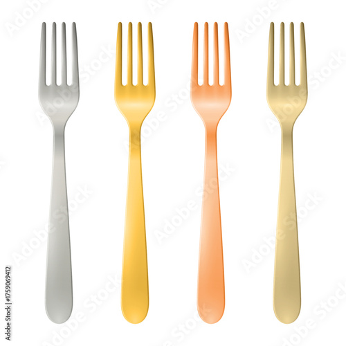 Vector 3d Realistic Silver, Gold, Copper Forks, Isolated. Elegant Metallic Fork Set for Restaurant Menu, Luxury Tableware Design, Kitchen Utensil Branding, Dining Icon. Top View
