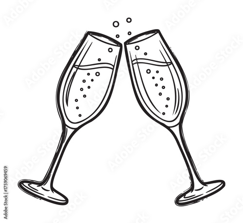 Black outline drawing of two champagne flutes clinking together with bubbles rising from the glasses, symbolizing celebration and joy.