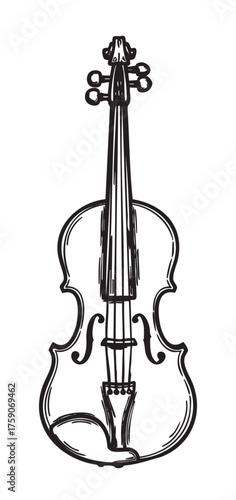 Black outline drawing of a classic violin with visible strings and pegs, highlighting its elegant shape and intricate design details.