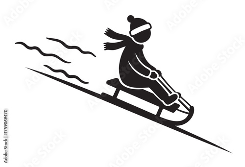 Silhouette of a person sledding downhill wearing a winter hat and scarf, with motion lines suggesting speed.
