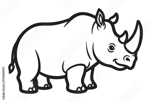 Black outline drawing of a rhinoceros in a simple cartoon style, showcasing its prominent horn and sturdy legs.