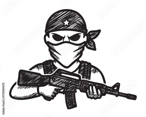 Black and white sketch of a masked armed figure holding a rifle, wearing a bandana and sunglasses.