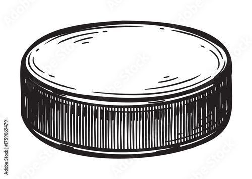 Black and white hand-drawn illustration of a round, textured hockey puck with detailed shading and line work.