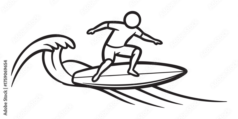 Fototapeta premium Black outline drawing of a person surfing on a wave, showcasing dynamic motion and balance.