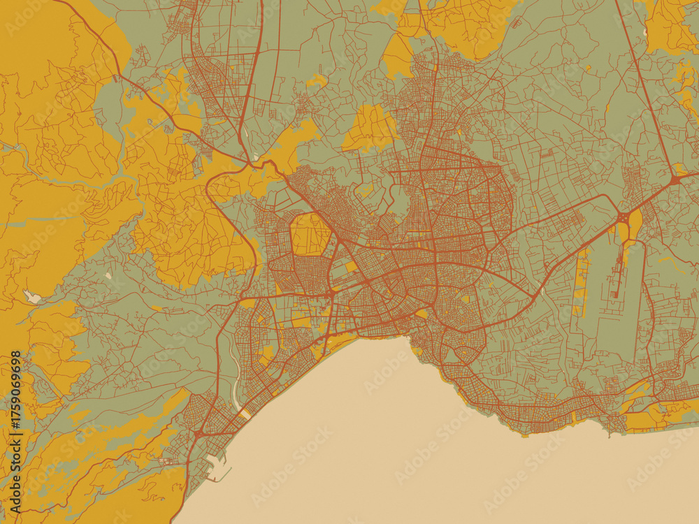 Fototapeta premium Poster-ready flat map of Antalya, Türkiye, sage/olive tone field with rust networks and ochre shapes, cream water.