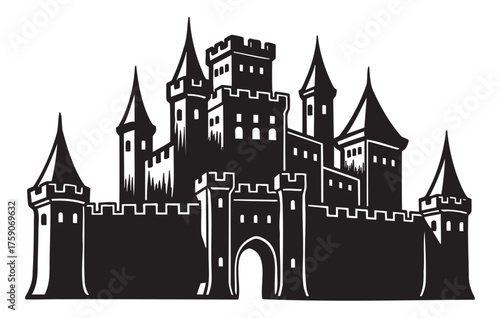 Black silhouette of a medieval castle with multiple towers and turrets, featuring a central entrance gate and fortified walls.