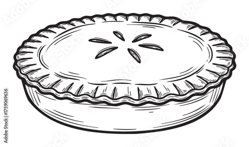 Black outline illustration of a perfectly round pie with a crimped crust and decorative slits on top, ideal for baking and dessert themes.