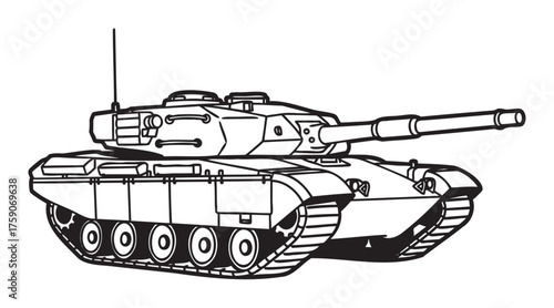 Black outline of a modern battle tank with detailed tracks and turret features emphasizing military machinery.