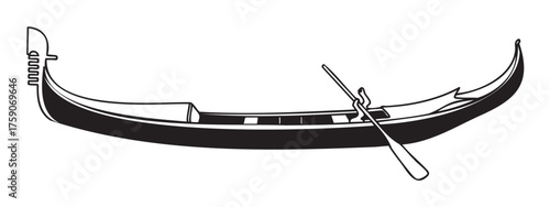 Black outline vector icon of a traditional venetian gondola with a detailed oar, designed for concepts of travel and culture.