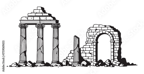 Black and white outline drawing of ancient ruined columns and arches, depicting classical architecture with fallen stones and intricate detailing.