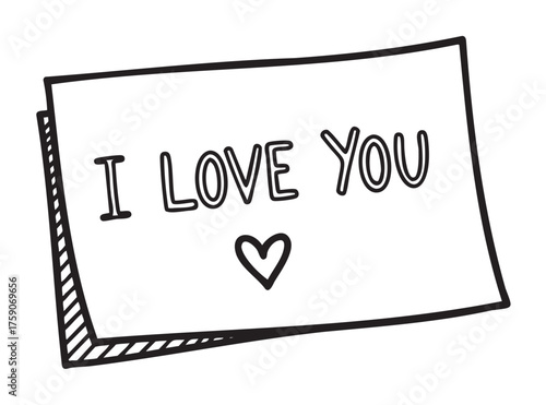 Black outline vector icon of a folded greeting card featuring the phrase "i love you" with a heart symbol below the text.
