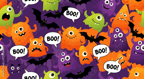 Adorable Halloween Wallpaper Featuring Cute Monsters and Bats Saying Boo!