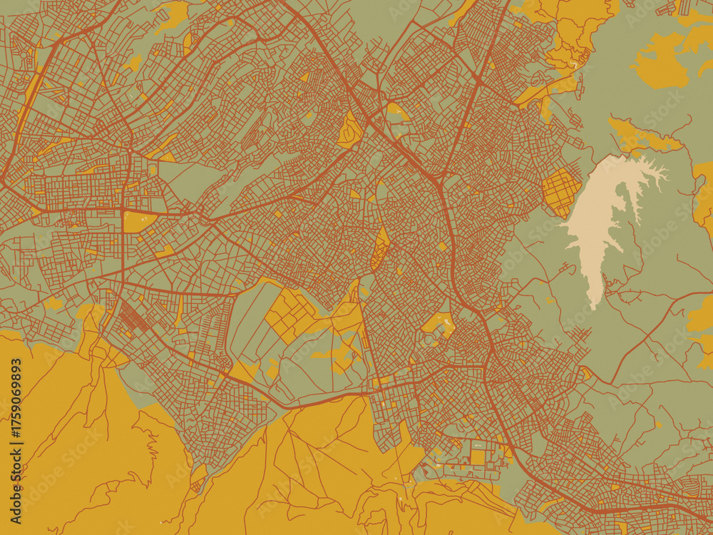 Fototapeta premium Flat painterly map of Denizli, Türkiye in sage/olive tone field with rust networks and ochre shapes, cream water.