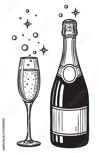 Black and white line drawing of a champagne bottle with a cork and a tall flute glass filled with sparkling liquid and bubbles.