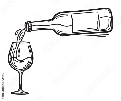 Black outline drawing of wine pouring from a tilted bottle into a wine glass. minimalist linear design for beverage and dining concepts.