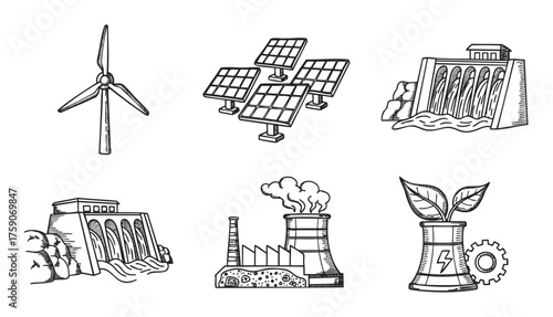 Six black outline vector icons representing various energy sources including wind turbine, solar panels, hydroelectric dams, and factories.