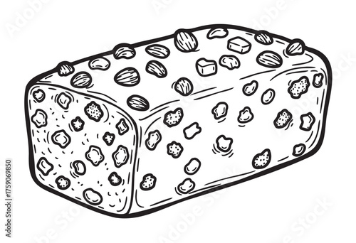 Black and white outline drawing of a rectangular loaf of nut-studded bread, featuring various nuts and seeds dispersed throughout its surface.