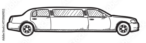 Black and white sketch of a long limousine car, showcasing its elongated design and multiple windows.