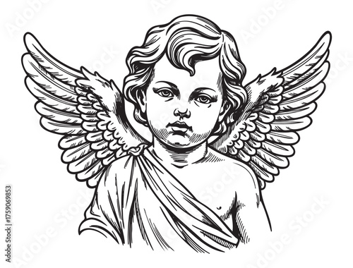 Black outline illustration of a cherubic angel with wings, featuring a solemn expression, curly hair, and draped clothing, emphasizing heavenly and serene themes.