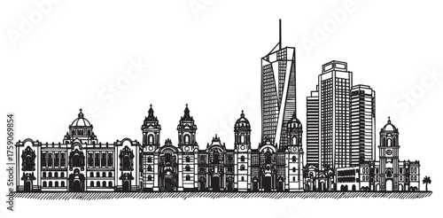 Black outline drawing of a city skyline showcasing a mix of historic and modern buildings, highlighting architectural diversity.