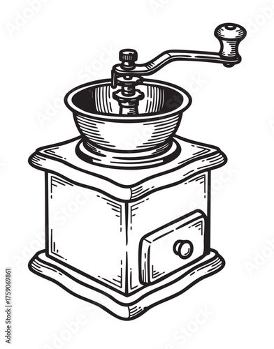 Black outline drawing of a vintage manual coffee grinder with a crank handle and drawer. elegant depiction of classic kitchenware for coffee enthusiasts.