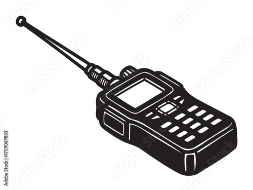 Black and white silhouette of a handheld walkie-talkie with an extended antenna for communication purposes.