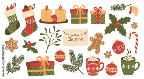 Christmas themed illustration with stockings, gifts, candles, cookies, and other holiday decorations.