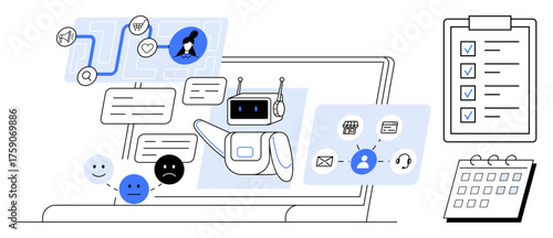 Chatbot on laptop assisting users with dialogue boxes, task icons, user feedback, clipboard, and calendar. Ideal for technology, customer support, automation, productivity communication AI tools