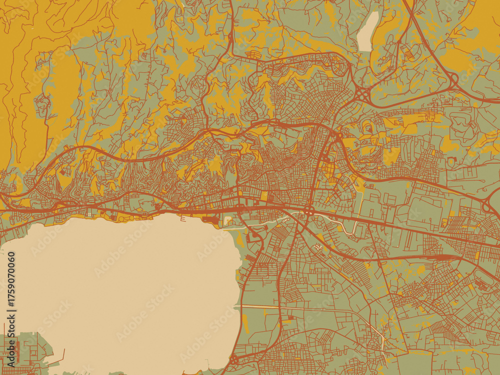 Fototapeta premium Vector-style flat map of Izmit, Türkiye with muted sage base, rust-colored roads, and soft ochre highlights.