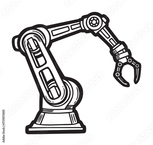 Black and white outline illustration of an industrial robotic arm with a claw grip, highlighting mechanical components and joints.