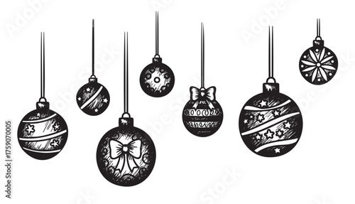 Black outlined christmas ornaments hanging with various decorative patterns, including bows, stars, and snowflakes.