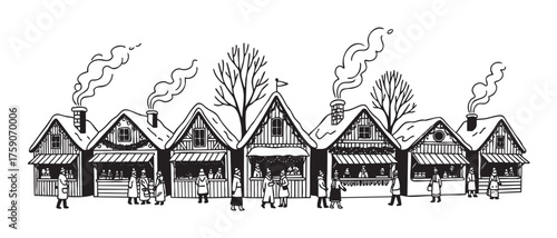Black and white illustration of a festive winter market with people visiting various stalls under snow-topped roofs and tall, bare trees.