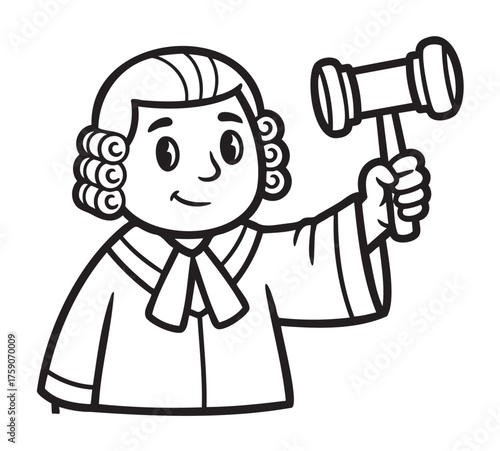 Black and white cartoon illustration of a judge holding a gavel, wearing traditional robes and a curled wig, smiling with a cheerful expression.