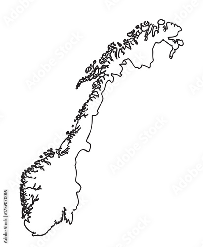 Black outline vector of the map of norway with detailed coastlines and irregular borders, highlighting its geographical shape.