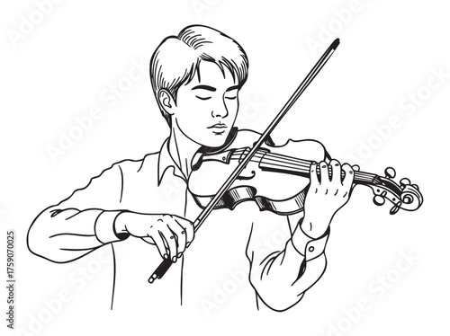 Young asian male violinist playing the violin with focus and concentration, illustrating musical performance and passion.