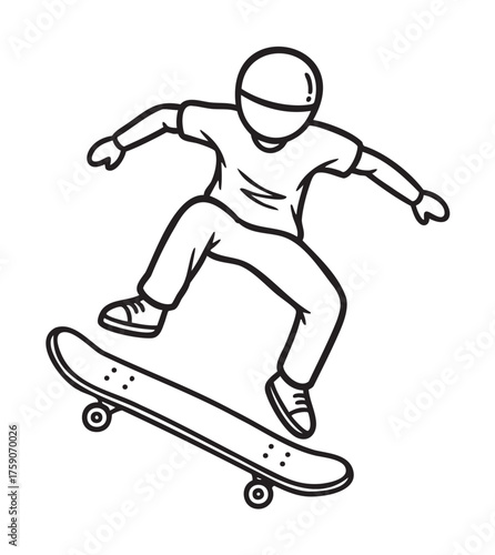 Black outline drawing of a person wearing a helmet performing a skateboard trick while jumping in mid-air.
