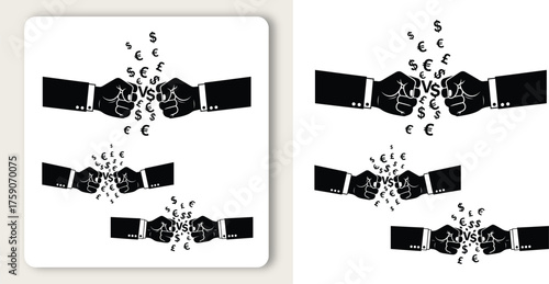 Illustration of three pairs of fists colliding, symbolizing business competition, conflict, or agreement vector illustration