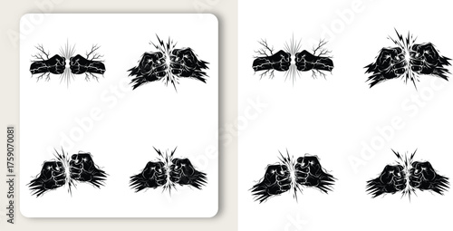 Two fists collide with energy symbolizing power conflict and struggle with graphic black and white