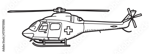 Black outline vector drawing of a medical helicopter with a cross symbol on its side, showing detailed rotor blades and landing skids.