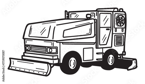 Black and white outline of an ice resurfacing machine with a front-mounted blade and rear fan, used for maintaining smooth ice surfaces.